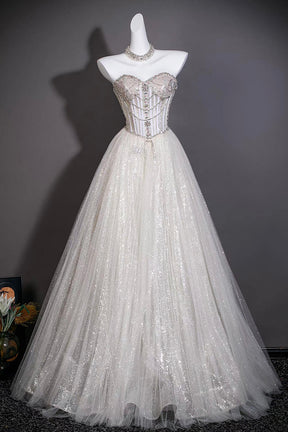 Silver Beaded Off-Shoulder Ball Gown with Corset Bodice