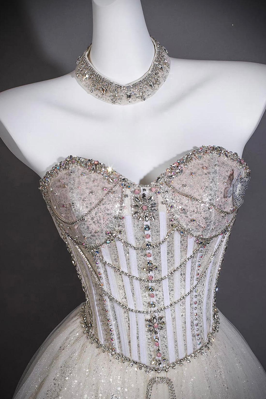 Silver Beaded Off-Shoulder Ball Gown with Corset Bodice
