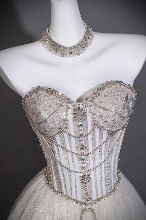 Silver Beaded Off-Shoulder Ball Gown with Corset Bodice