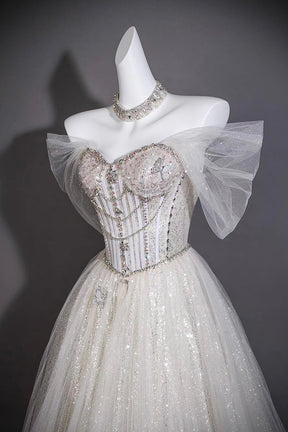 Silver Beaded Off-Shoulder Ball Gown with Corset Bodice