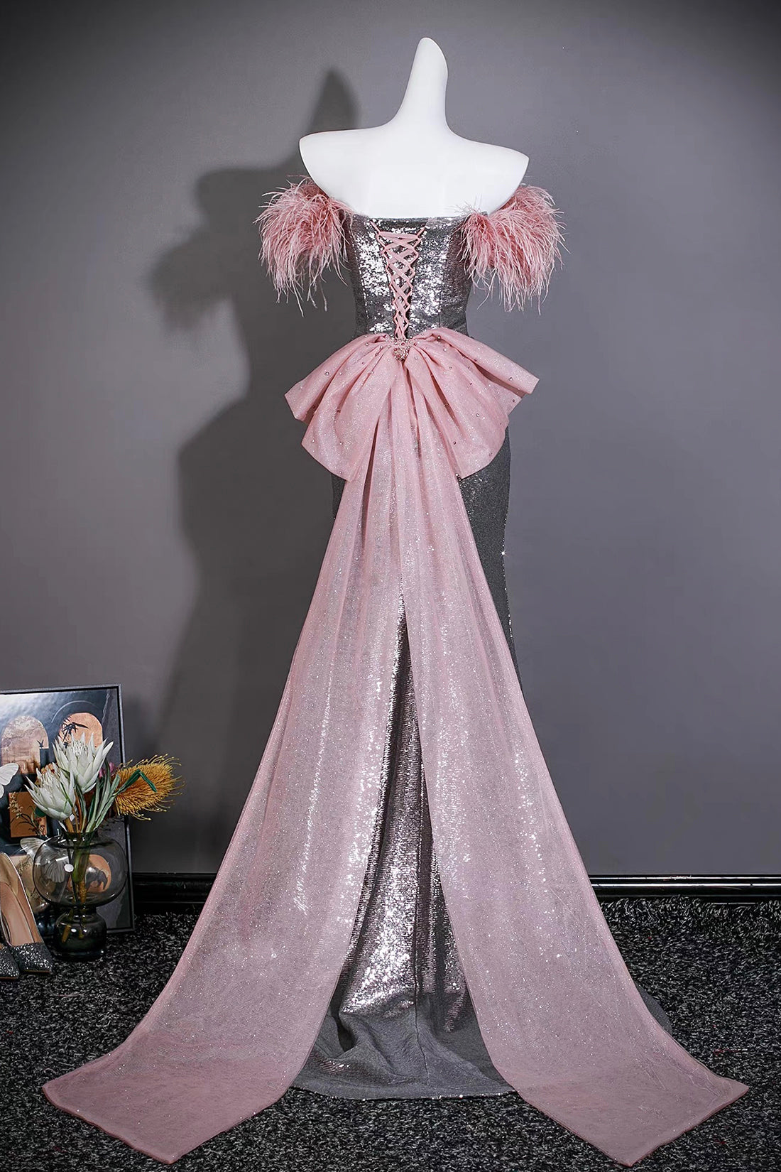Gray Sequin Mermaid Gown with Pink Feather Shoulders
