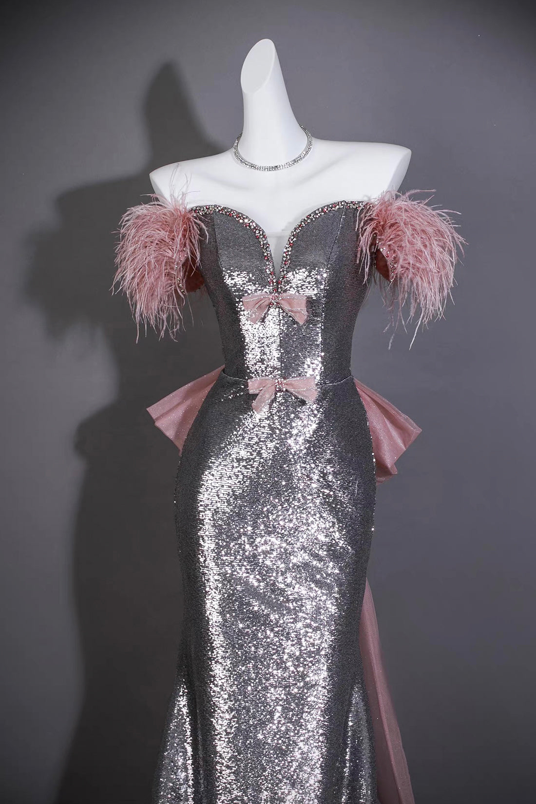 Gray Sequin Mermaid Gown with Pink Feather Shoulders