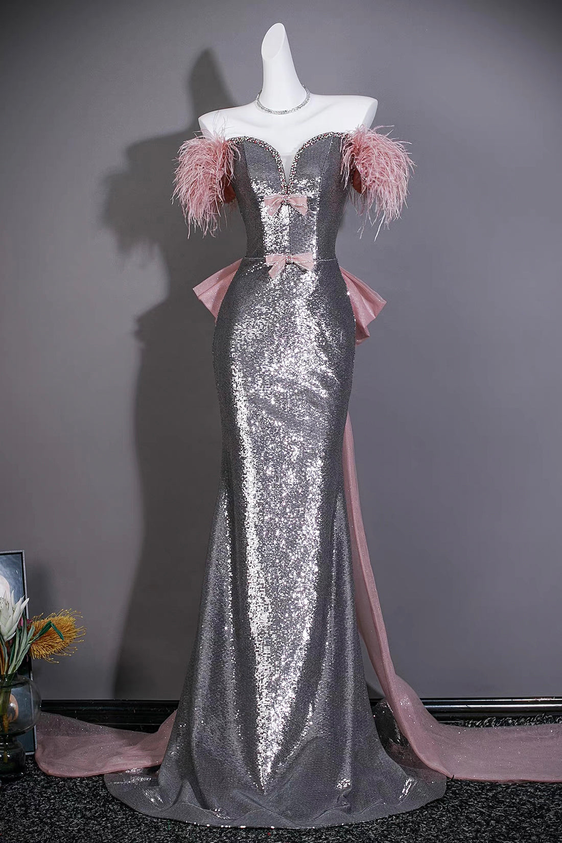 Gray Sequin Mermaid Gown with Pink Feather Shoulders