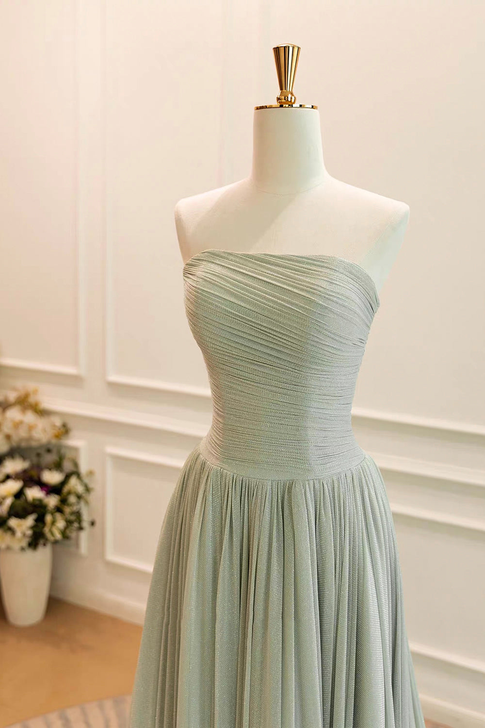 Sage Green Shimmer Strapless Pleated Gown with Ruched Bodice