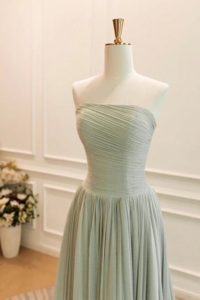 Sage Green Shimmer Strapless Pleated Gown with Ruched Bodice