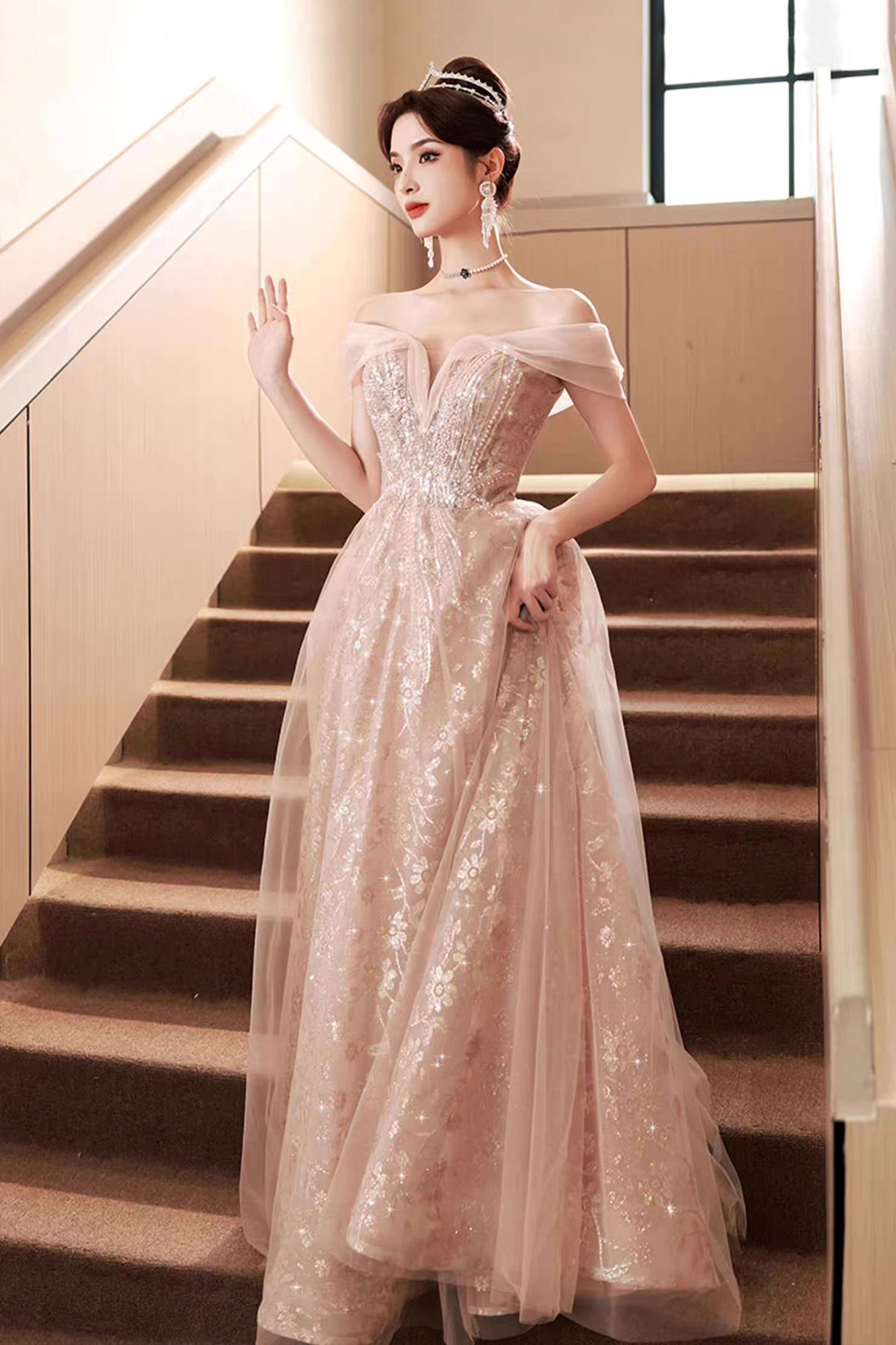 Pink Off-the-Shoulder Sequin Ball Gown with Tulle Skirt