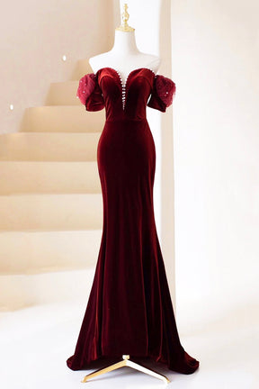 Burgundy Velvet Long Prom Dress, Burgundy Off Shoulder Pearl Evening Dress
