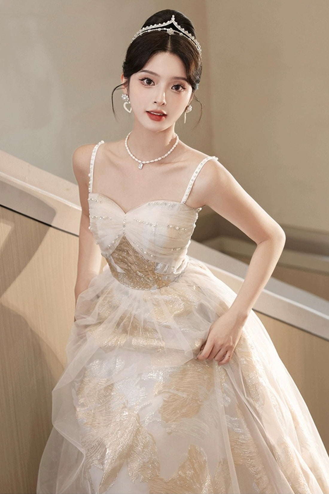 Champagne Spaghetti Strap Tulle Formal Dress, A-Line Sweetheart Neck Evening Party Dress