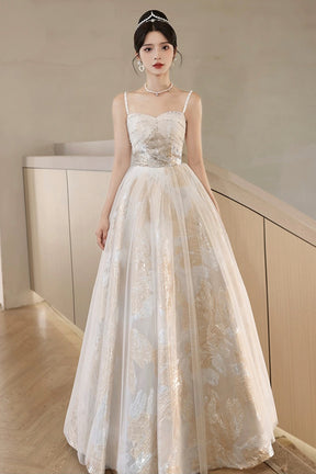 Champagne Spaghetti Strap Tulle Formal Dress, A-Line Sweetheart Neck Evening Party Dress