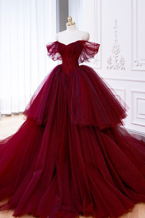 Burgundy Ball Gown Off the Shoulder Tulle Long Prom Party Dress