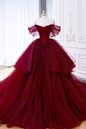 Burgundy Ball Gown Off the Shoulder Tulle Long Prom Party Dress