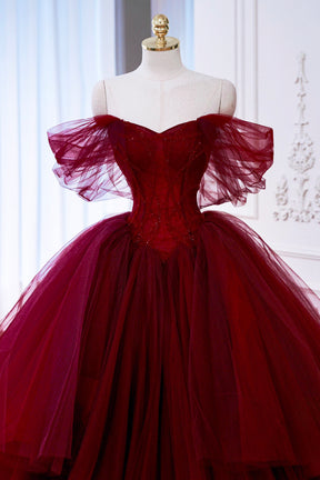 Burgundy Ball Gown Off the Shoulder Tulle Long Prom Party Dress