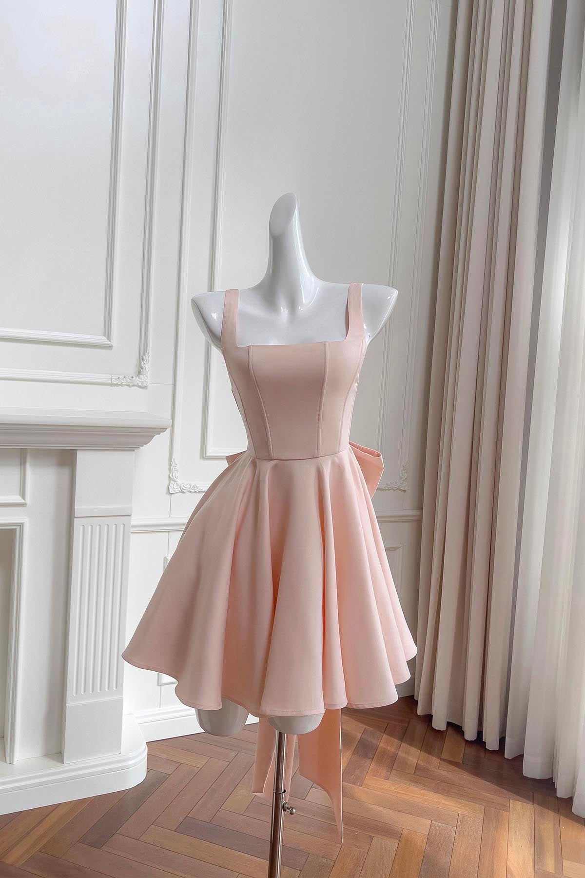 Cute A-Line Backless Short Party Dress, Blush Pink Prom Dress with Bow