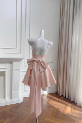 Cute A-Line Backless Short Party Dress, Blush Pink Prom Dress with Bow