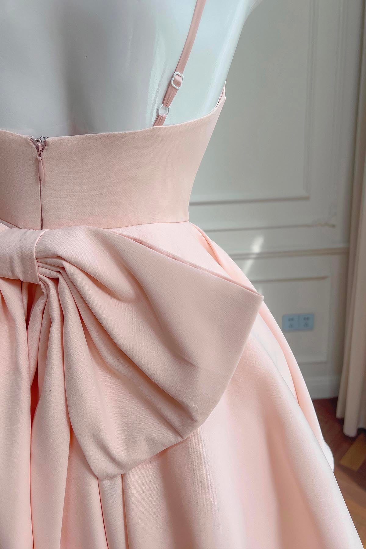 Cute A-Line Backless Short Party Dress, Blush Pink Prom Dress with Bow