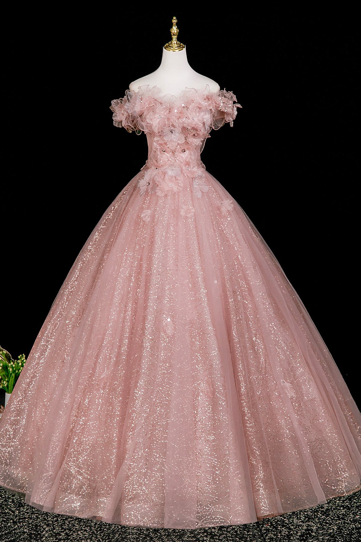 Pink Tulle Flowers Long Prom Dress, Beautiful A-Line Evening Party Dress