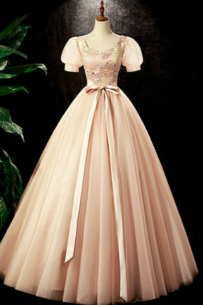 Lovely Tulle Sequins Long Prom Dress, A-Line Short Sleeve Evening Party dress
