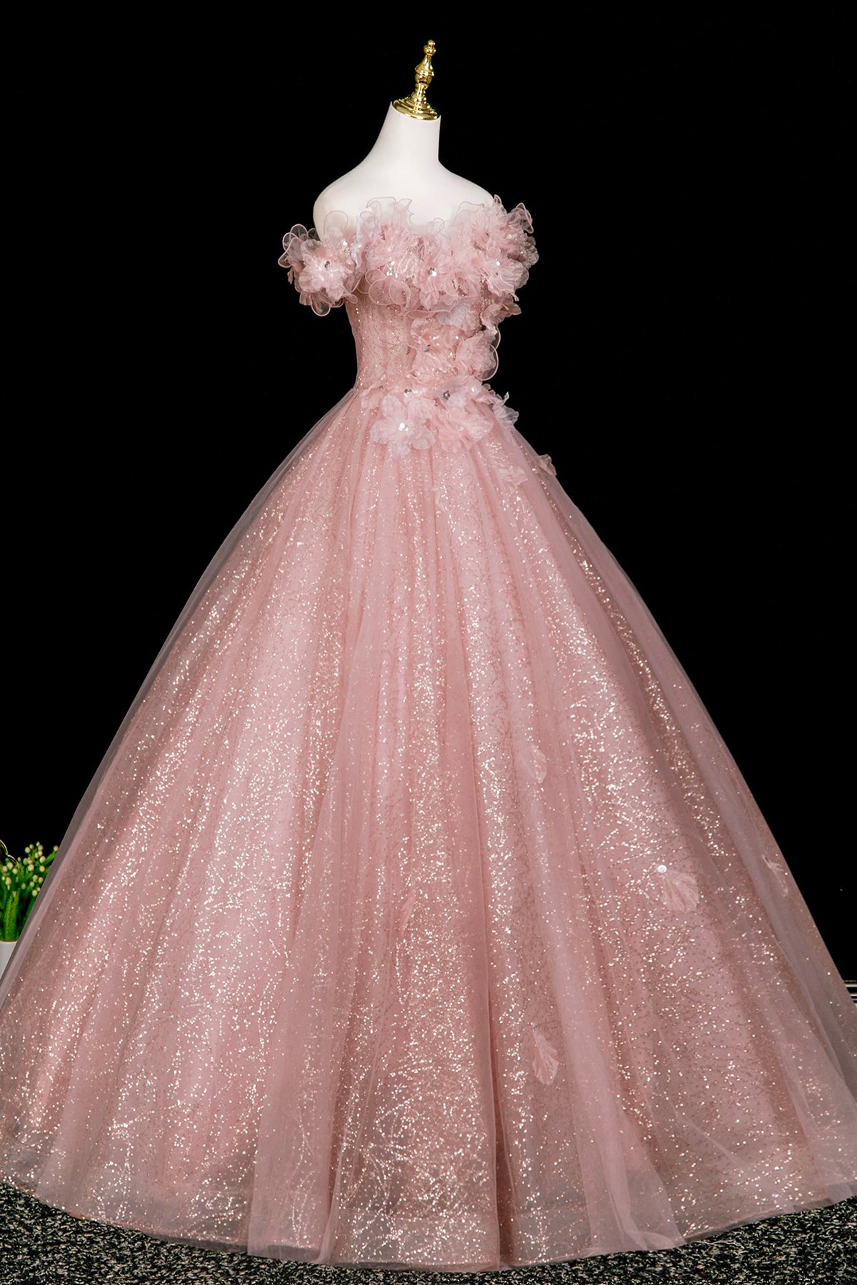 Pink Tulle Flowers Long Prom Dress, Beautiful A-Line Evening Party Dress