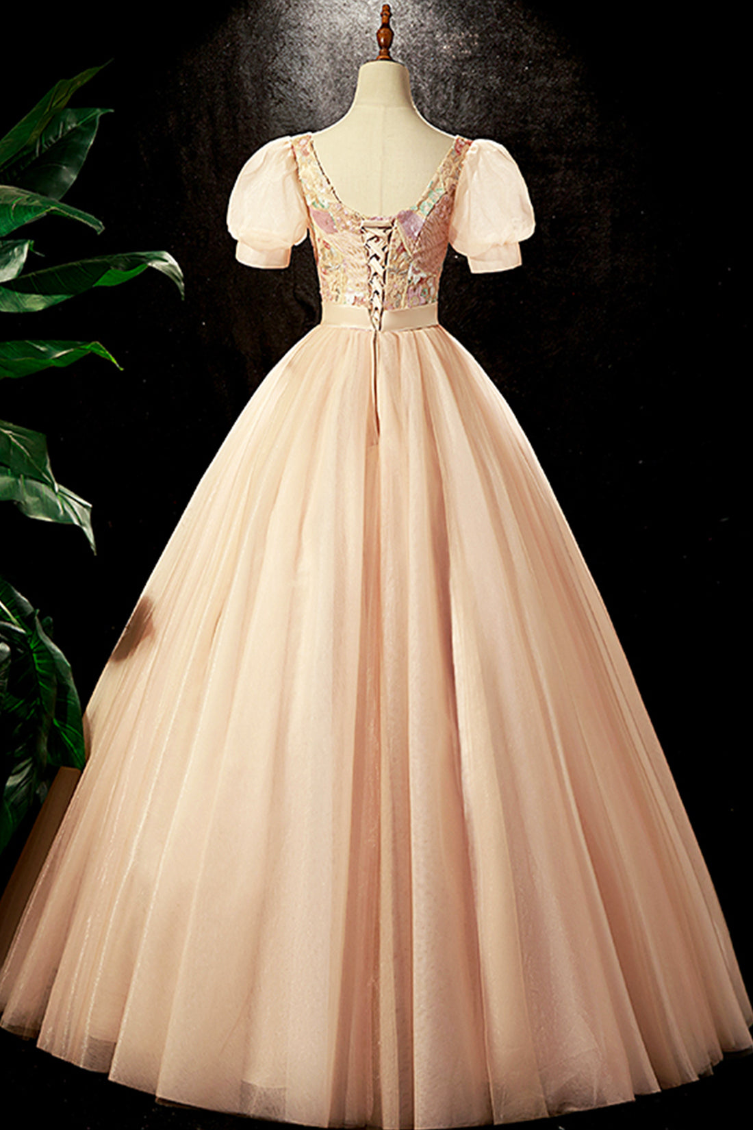 Lovely Tulle Sequins Long Prom Dress, A-Line Short Sleeve Evening Party dress
