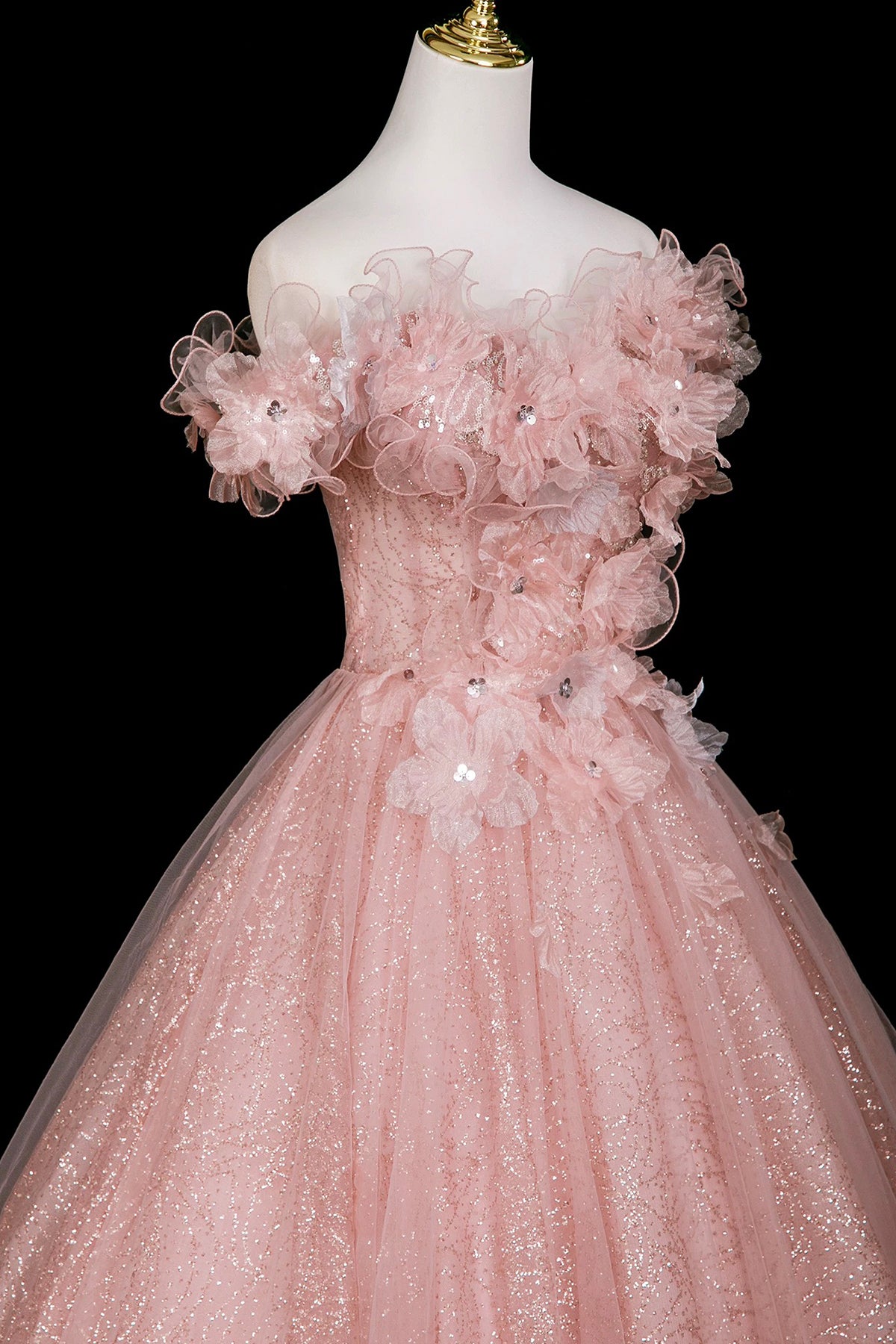 Pink Tulle Flowers Long Prom Dress, Beautiful A-Line Evening Party Dress