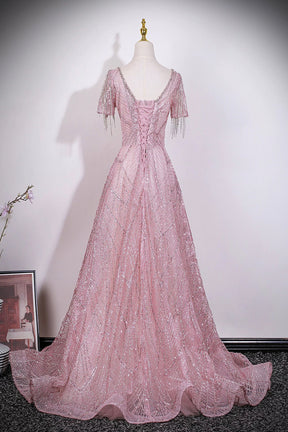 Glamorous Dusty Pink Beaded Prom Dress with Tassel Sleeves, V Neck Sparkly Evening Gown