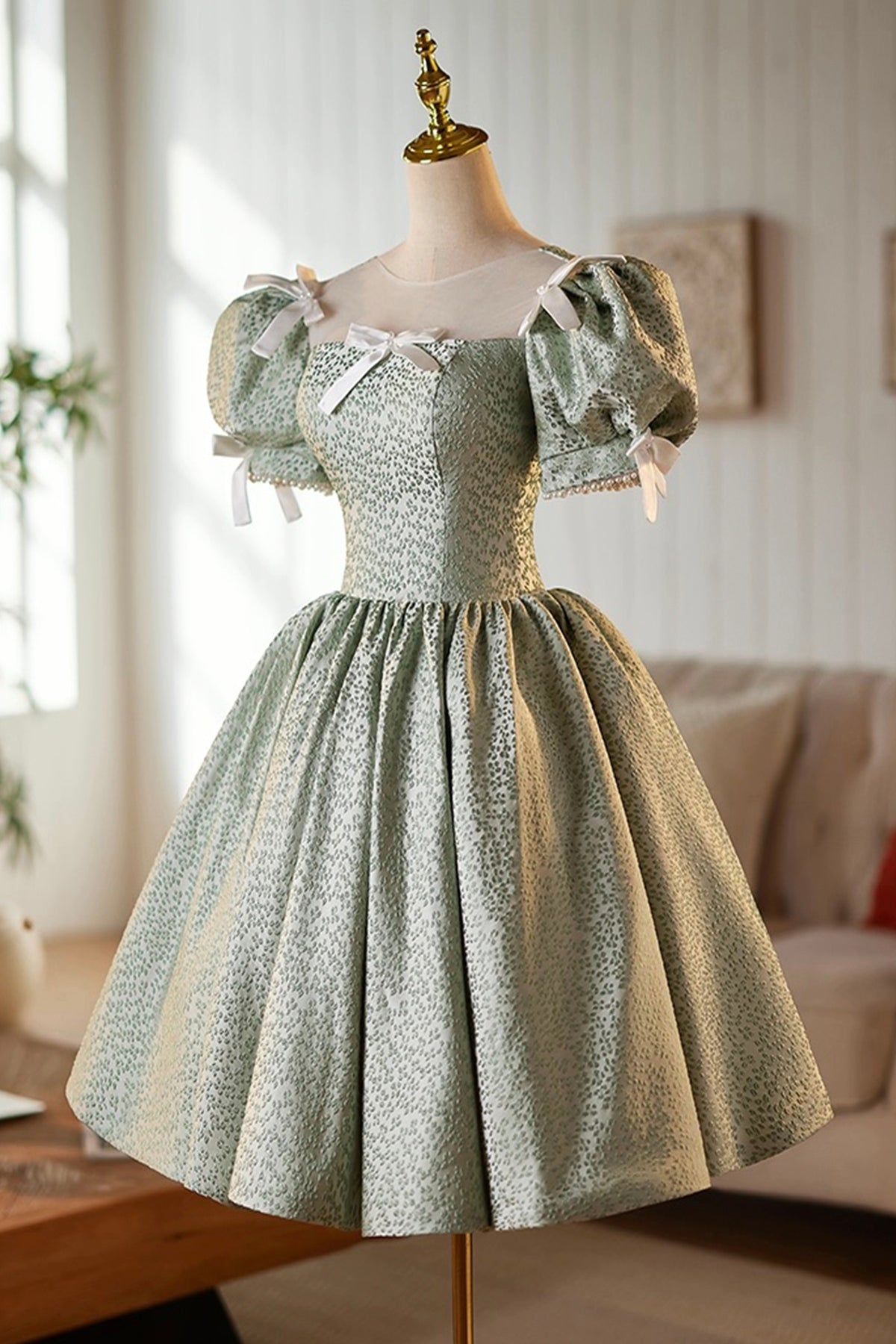 Green A-Line Knee Length Prom Dress, Green Short Sleeve Party Dress