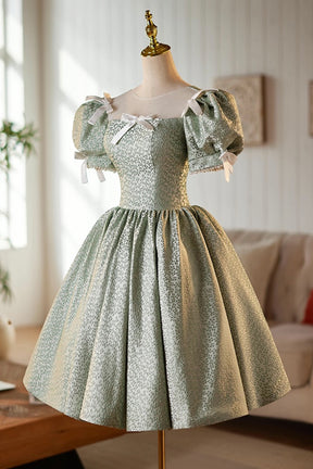 Green A-Line Knee Length Prom Dress, Green Short Sleeve Party Dress