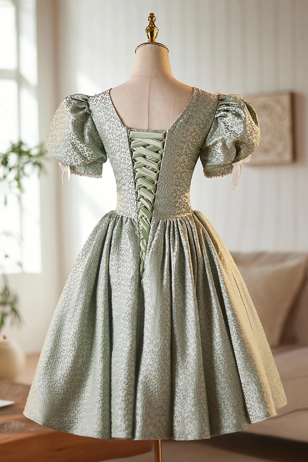 Green A-Line Knee Length Prom Dress, Green Short Sleeve Party Dress