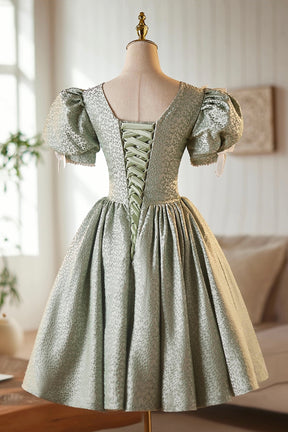 Green A-Line Knee Length Prom Dress, Green Short Sleeve Party Dress