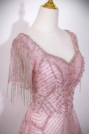 Glamorous Dusty Pink Beaded Prom Dress with Tassel Sleeves, V Neck Sparkly Evening Gown
