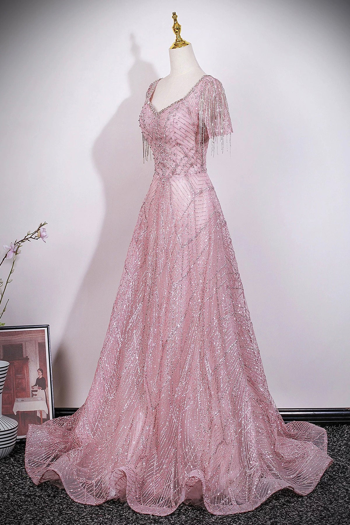Glamorous Dusty Pink Beaded Prom Dress with Tassel Sleeves, V Neck Sparkly Evening Gown