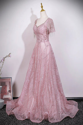 Glamorous Dusty Pink Beaded Prom Dress with Tassel Sleeves, V Neck Sparkly Evening Gown