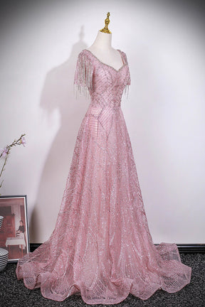 Glamorous Dusty Pink Beaded Prom Dress with Tassel Sleeves, V Neck Sparkly Evening Gown