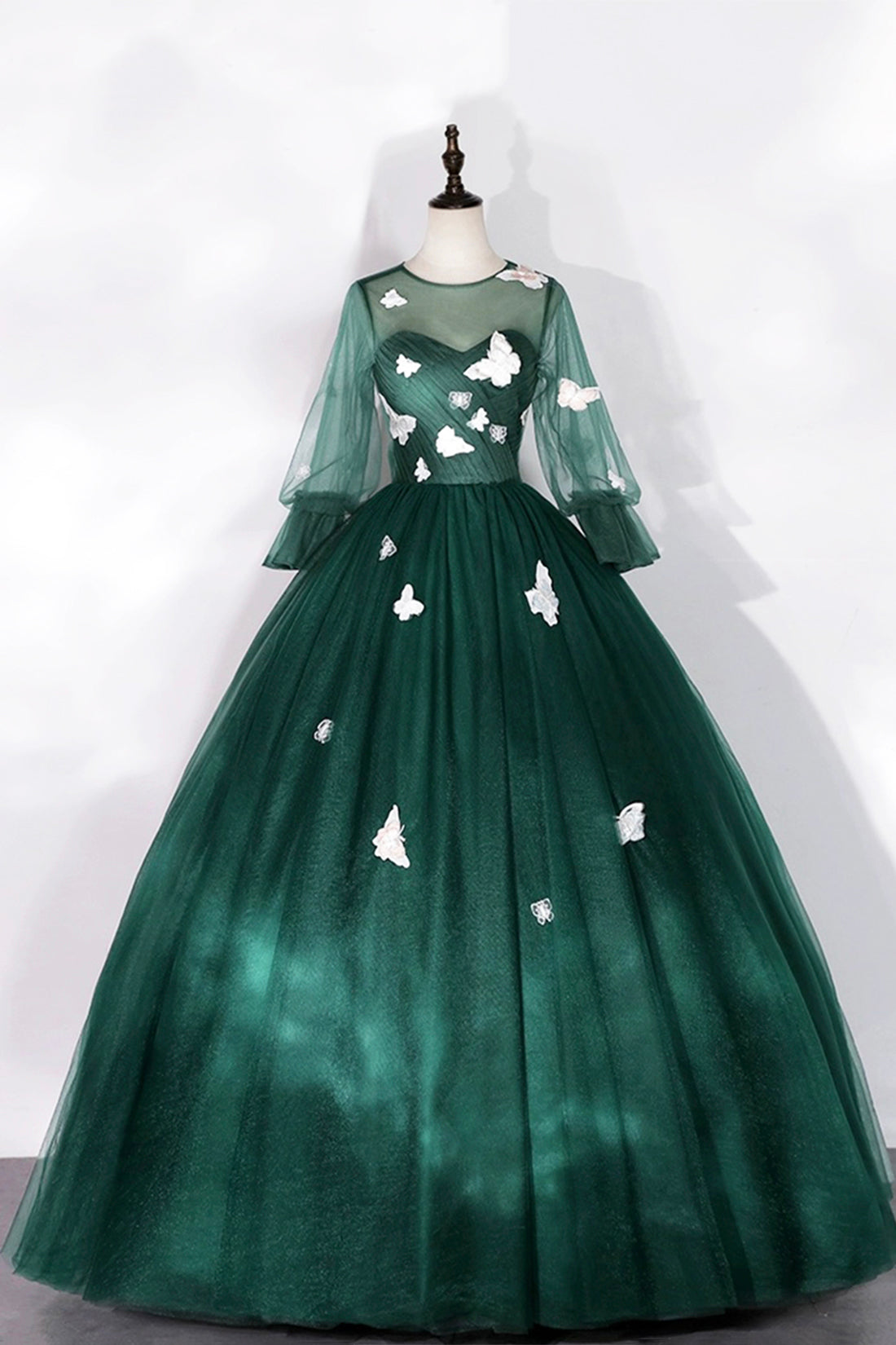 Dark Green Tulle Long Prom Dress, A-Line Long Sleeve Evening Party Dress with Butterfly Appliques