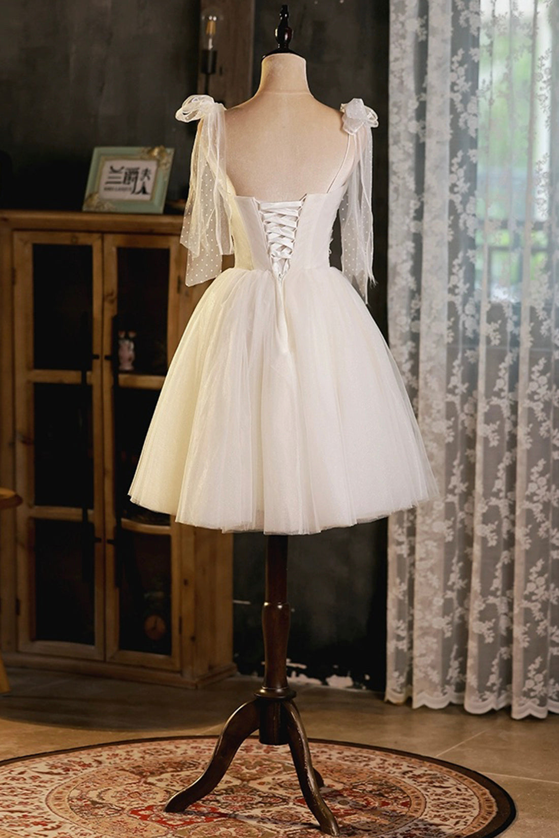 Light Champagne Spaghetti Strap Short Prom Dress, Cute A-Line Tulle Evening Party Dress