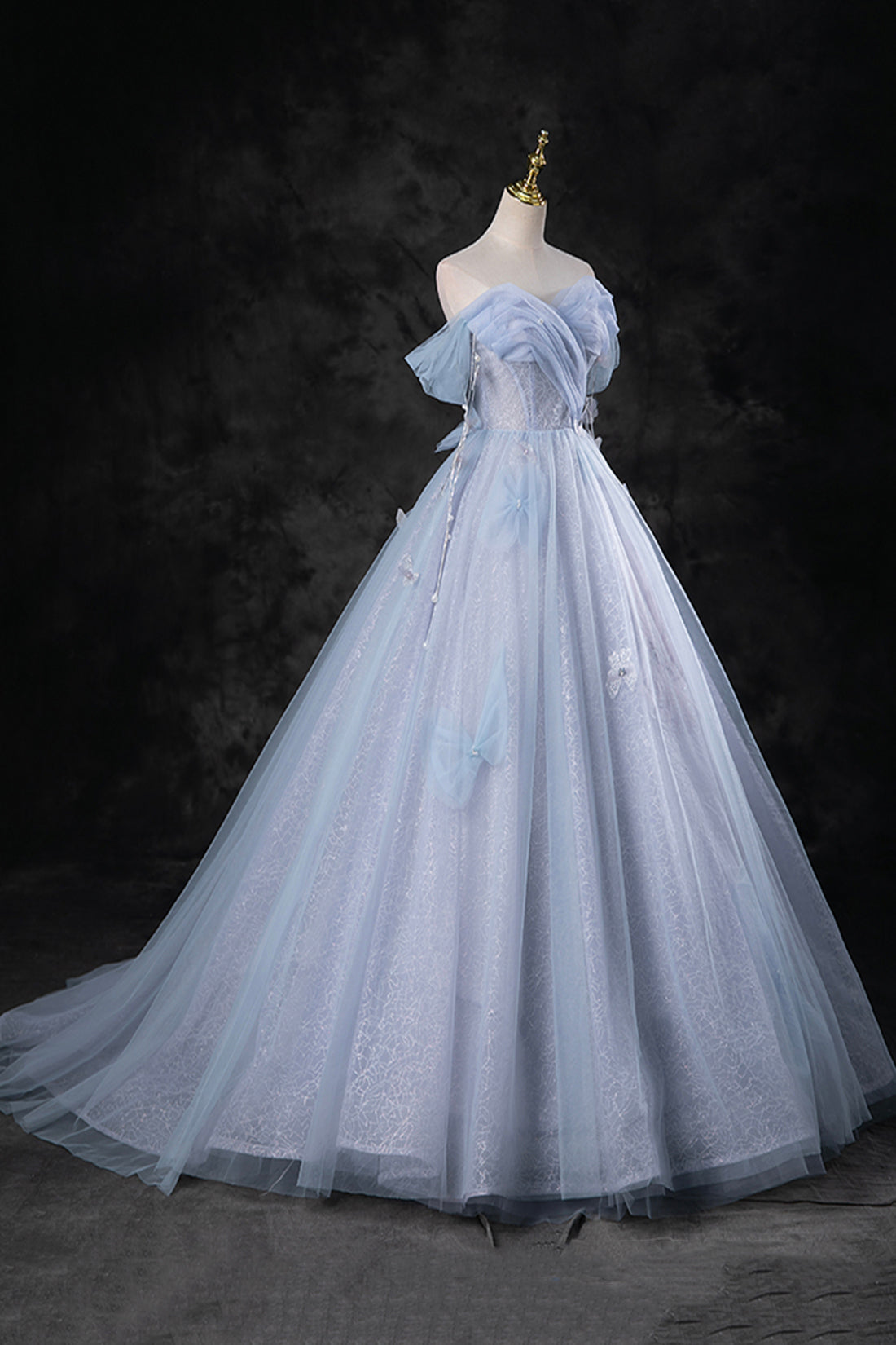 Blue Tulle Long A-Line Prom Dress Party Dress, Beautiful Off the Shoul