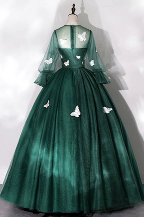 Dark Green Tulle Long Prom Dress, A-Line Long Sleeve Evening Party Dress with Butterfly Appliques