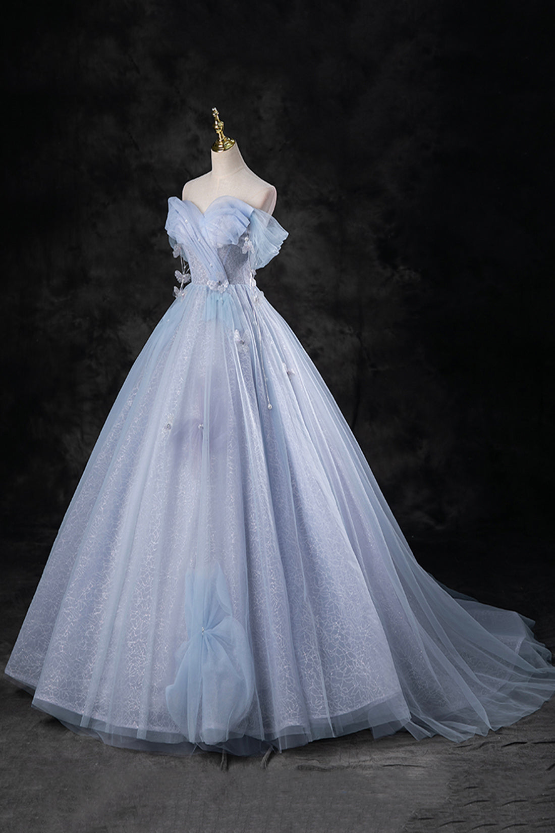 Blue Tulle Long A-Line Prom Dress Party Dress, Beautiful Off the Shoulder Blue Evening Dress