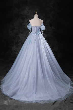 Blue Tulle Long A-Line Prom Dress Party Dress, Beautiful Off the Shoulder Blue Evening Dress