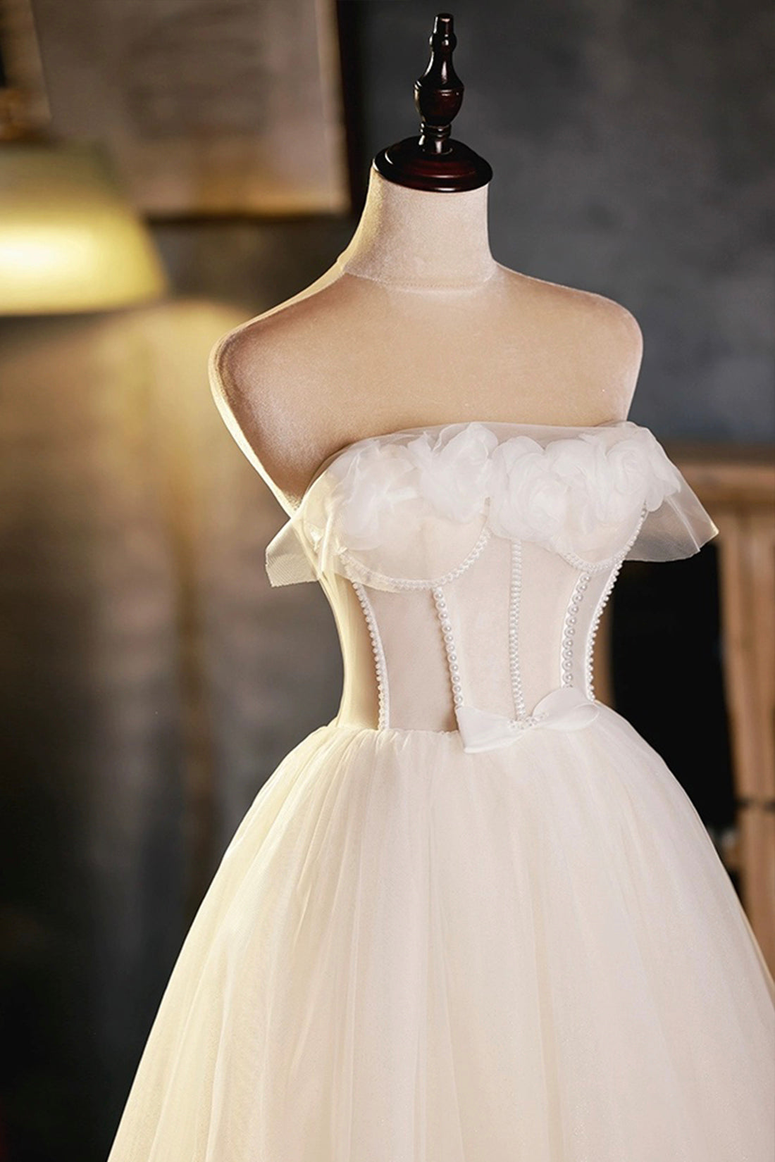 Light Champagne Strapless Tulle Short Prom Dress with 3D Flowers, Cute A-Line Party Dress