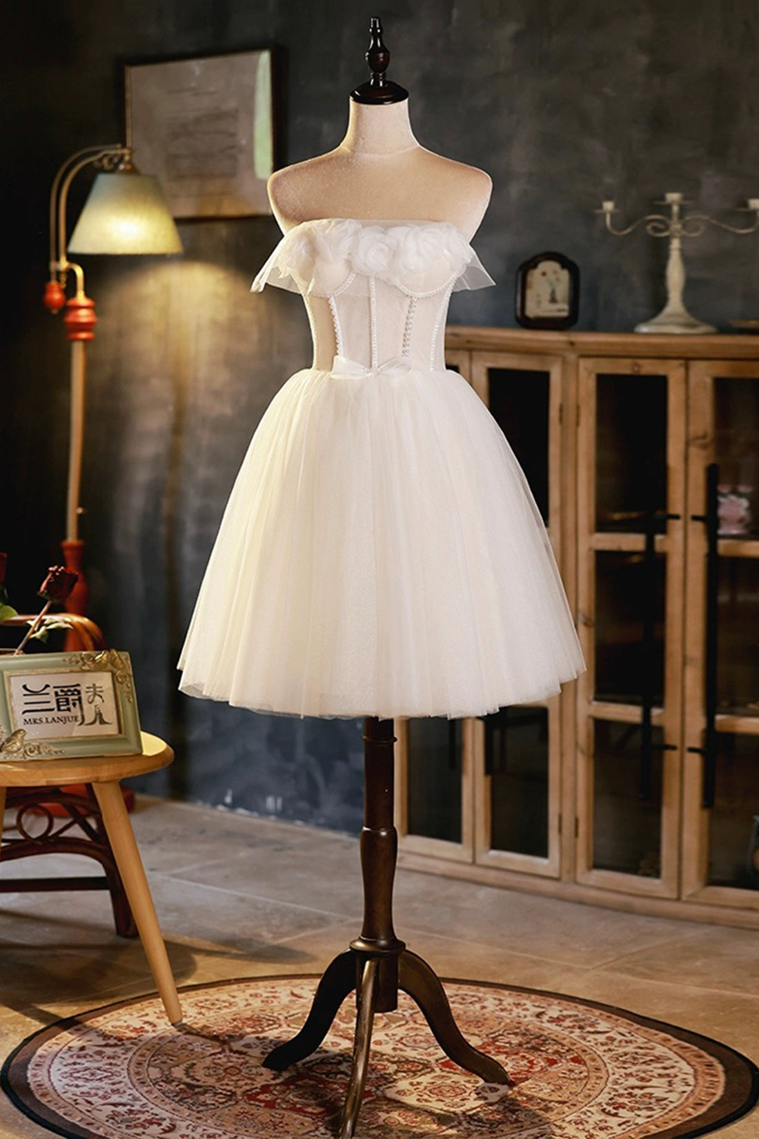 Light Champagne Strapless Tulle Short Prom Dress with 3D Flowers, Cute A-Line Party Dress