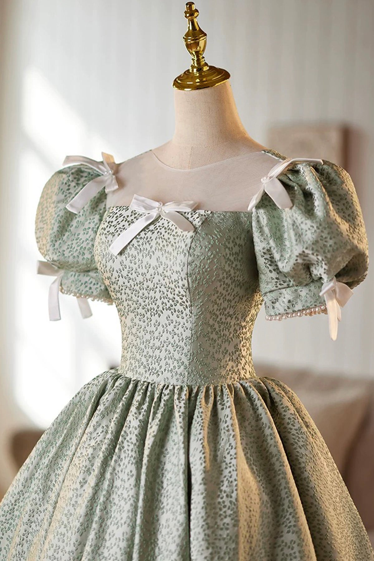 Green A-Line Knee Length Prom Dress, Green Short Sleeve Party Dress