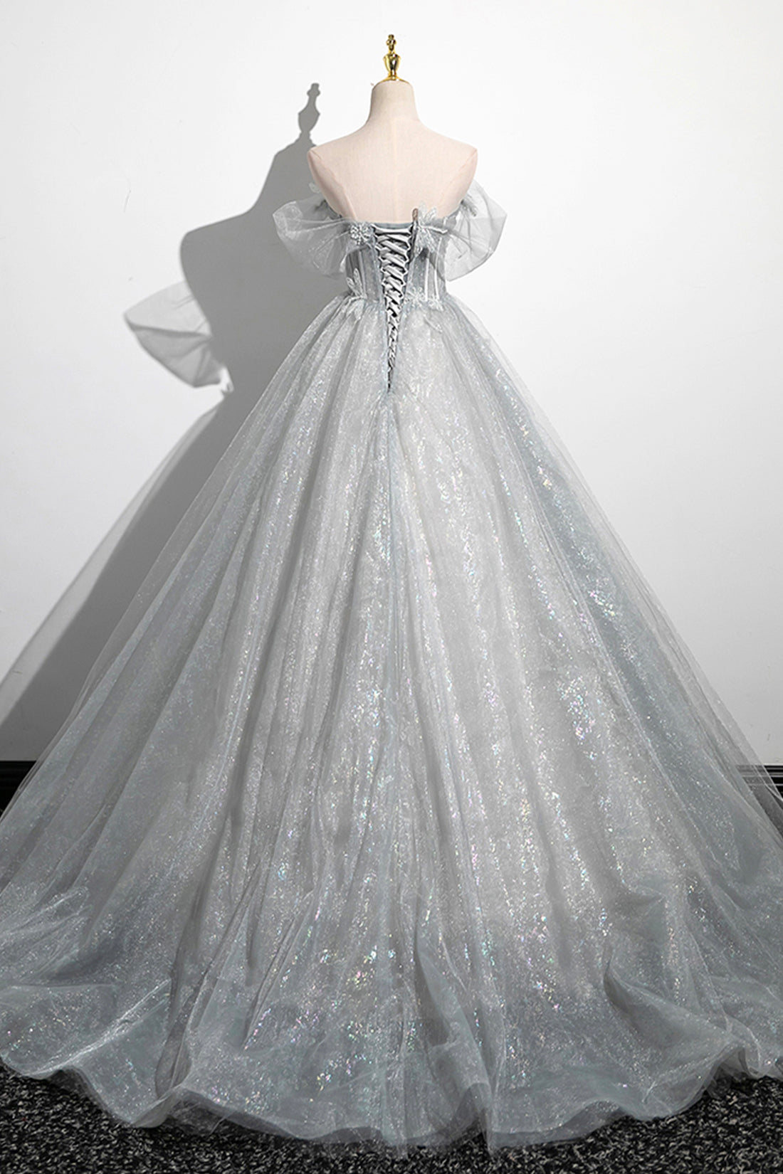 Gray A-Line Off the Shoulder Tulle Prom Dress, Lovely Corset Floor Len