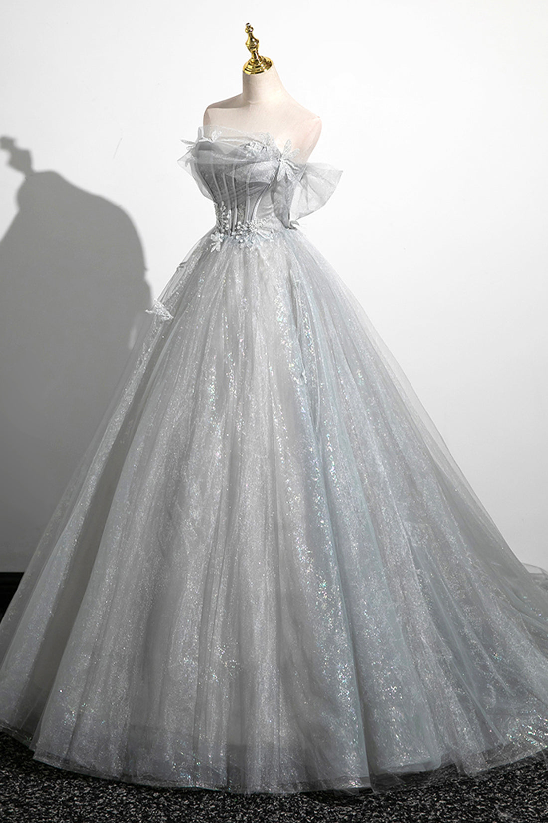 Gray A-Line Off the Shoulder Tulle Prom Dress, Lovely Corset Floor Len