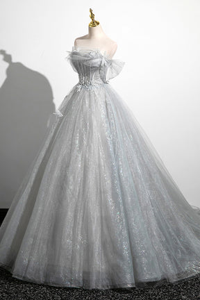 Gray A-Line Off the Shoulder Tulle Prom Dress, Lovely Corset Floor Length Party Dress