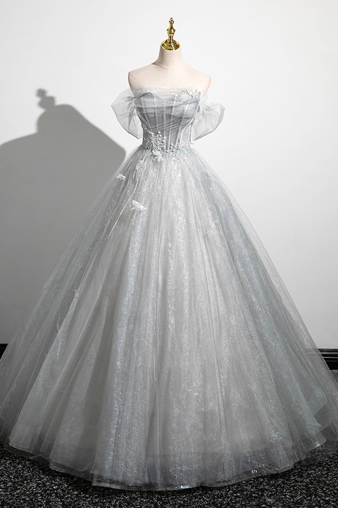 grey a line prom dress A-line Gray Tulle Long Prom Dress Off The Shoulder Evening Dress US6 / As Picture