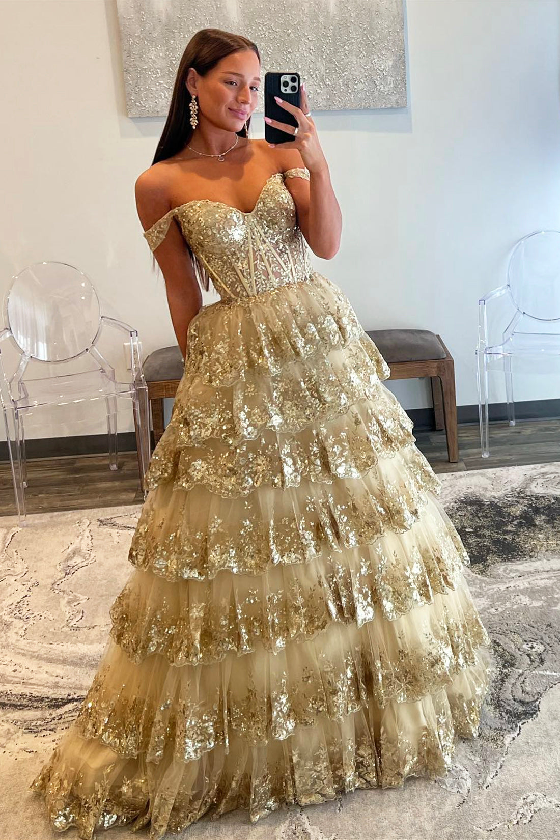 Champagne Tulle Sequins Long Prom Dress, Off the Shoulder Evening Party Gown