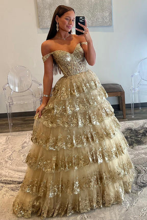 Champagne Tulle Sequins Long Prom Dress, Off the Shoulder Evening Party Gown