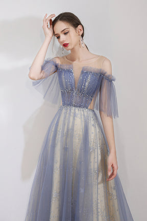 Blue Tulle Sequins Floor Length Prom Dress, A-Line Blue Graduation Dress