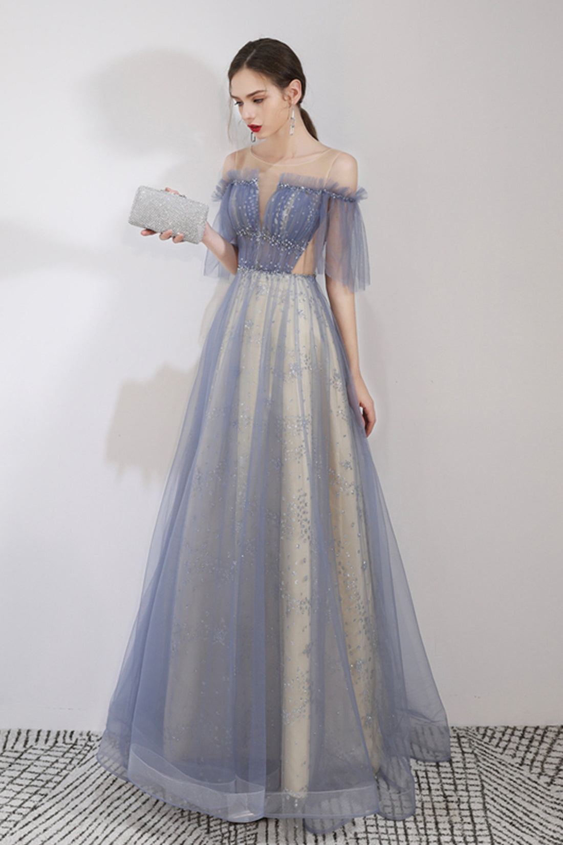 Blue Tulle Sequins Floor Length Prom Dress, A-Line Blue Graduation Dress